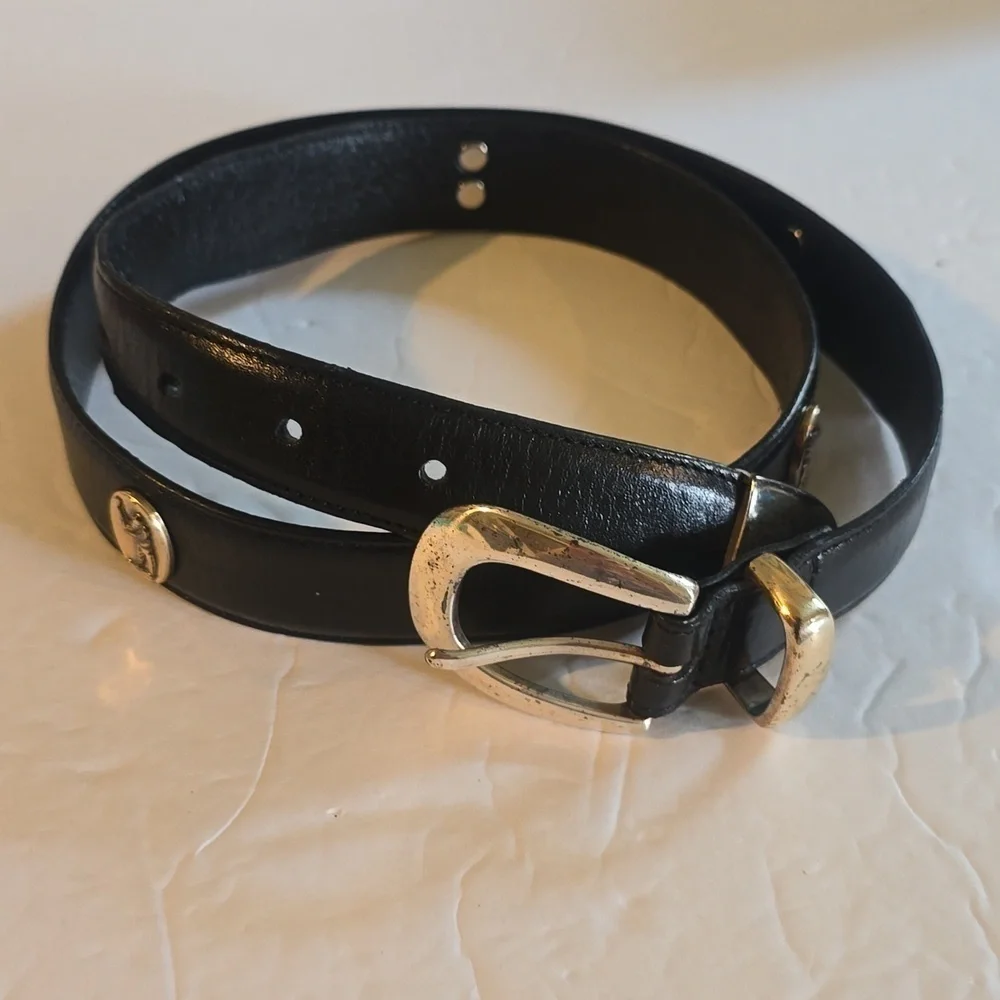 Mens Premium Black leather Silver emblem & buckle Golf Belt Vintage Sz.34